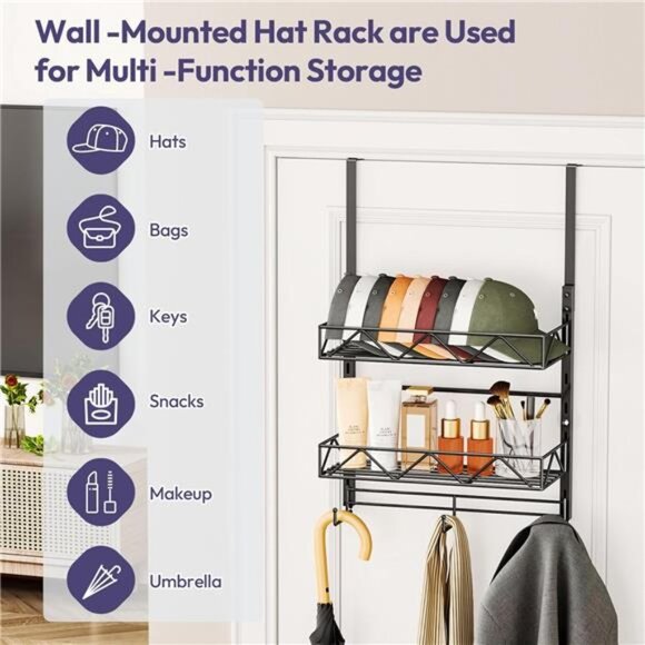 Over Door Hat Organizer Baseball Cap Rack Wall Mounted Storage Holds 29 Hats - Picture 5 of 7